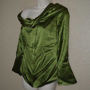 $920 Sz 2 Hellessy Green Calla Off Shoulder Silk Blouse